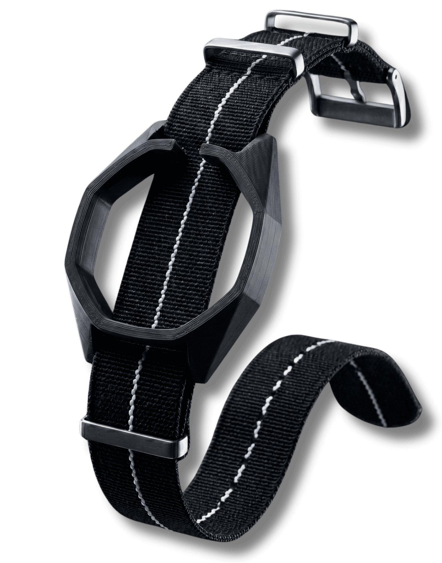 strapsnap-swatch-royal-pop-model-12-nato-adapter-hero Premium 3D-printed black STRAPSNAP NATO strap adapter custom-engineered for the Swatch Royal Pop Model 12 watch module.