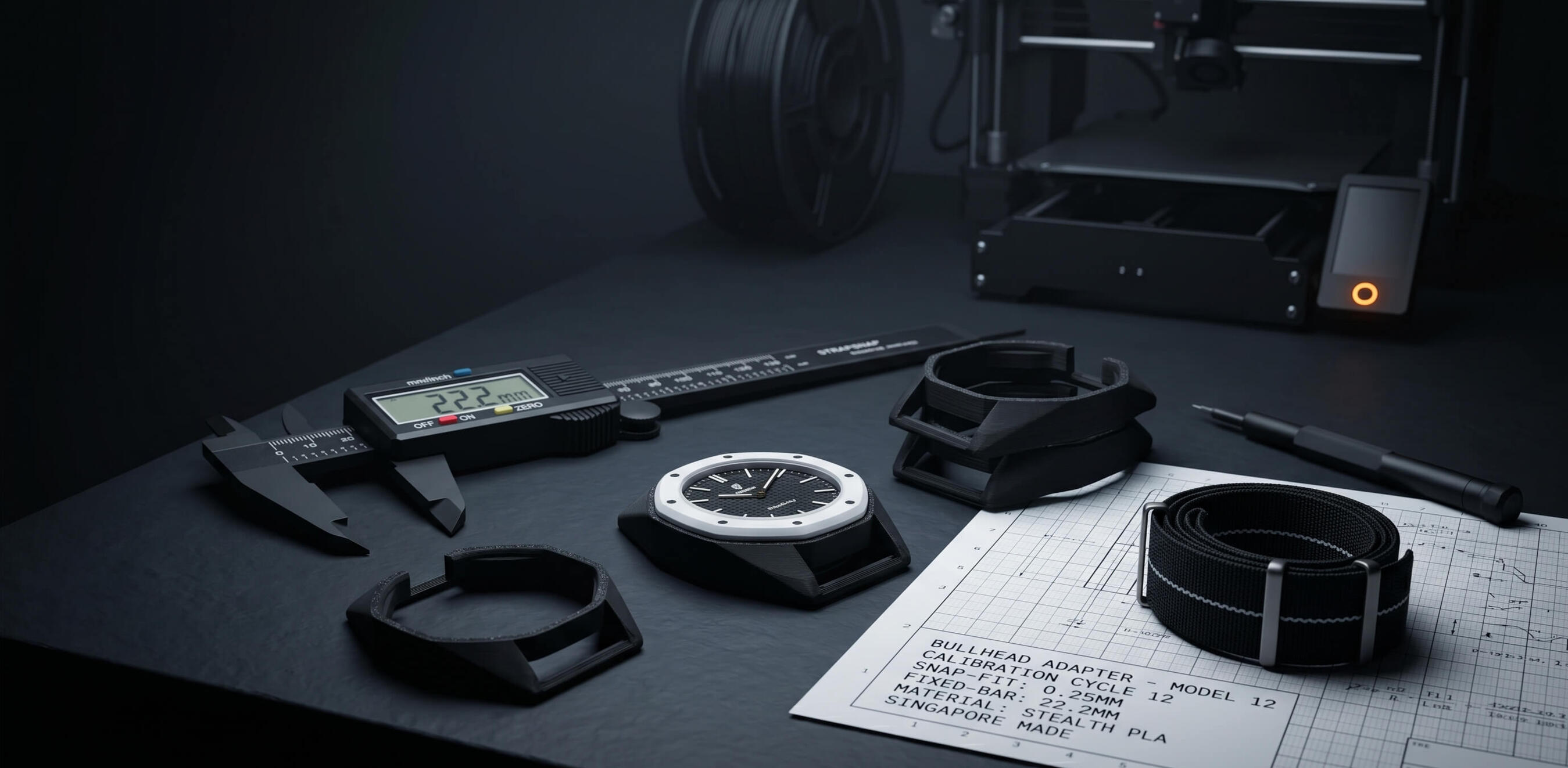 strapsnap-singapore-engineering-lab-3d-printer-calipers An independent watch hardware engineering workspace in Singapore featuring digital calipers, a 3D printer, and precision prototyping of PLA watch adapters.