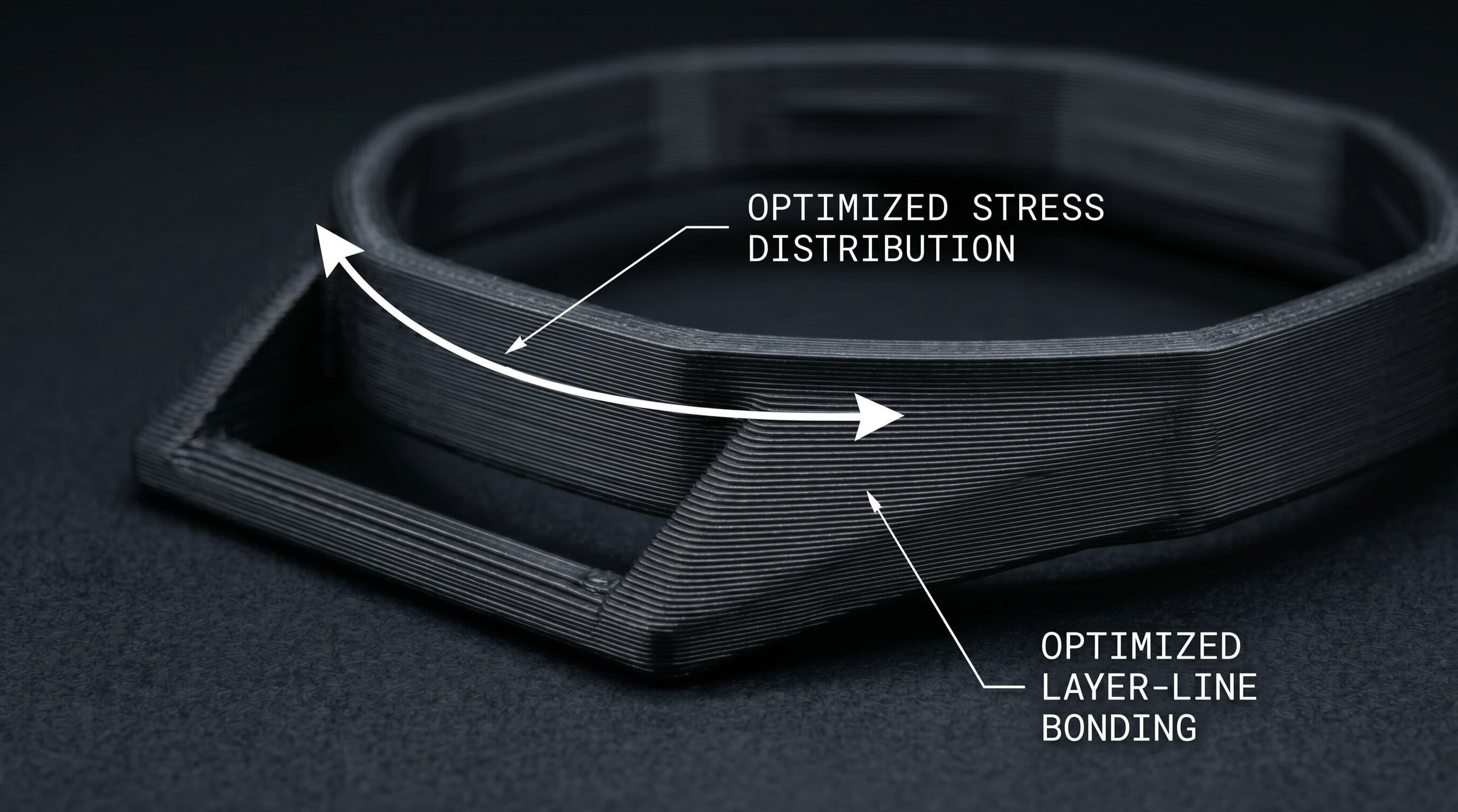 matte-black-pla-3d-printed-watch-adapter-stress-distribution Detailed view of the matte black PLA 3D printed adapter showing optimized curved design for superior layer bonding and stress distribution.
