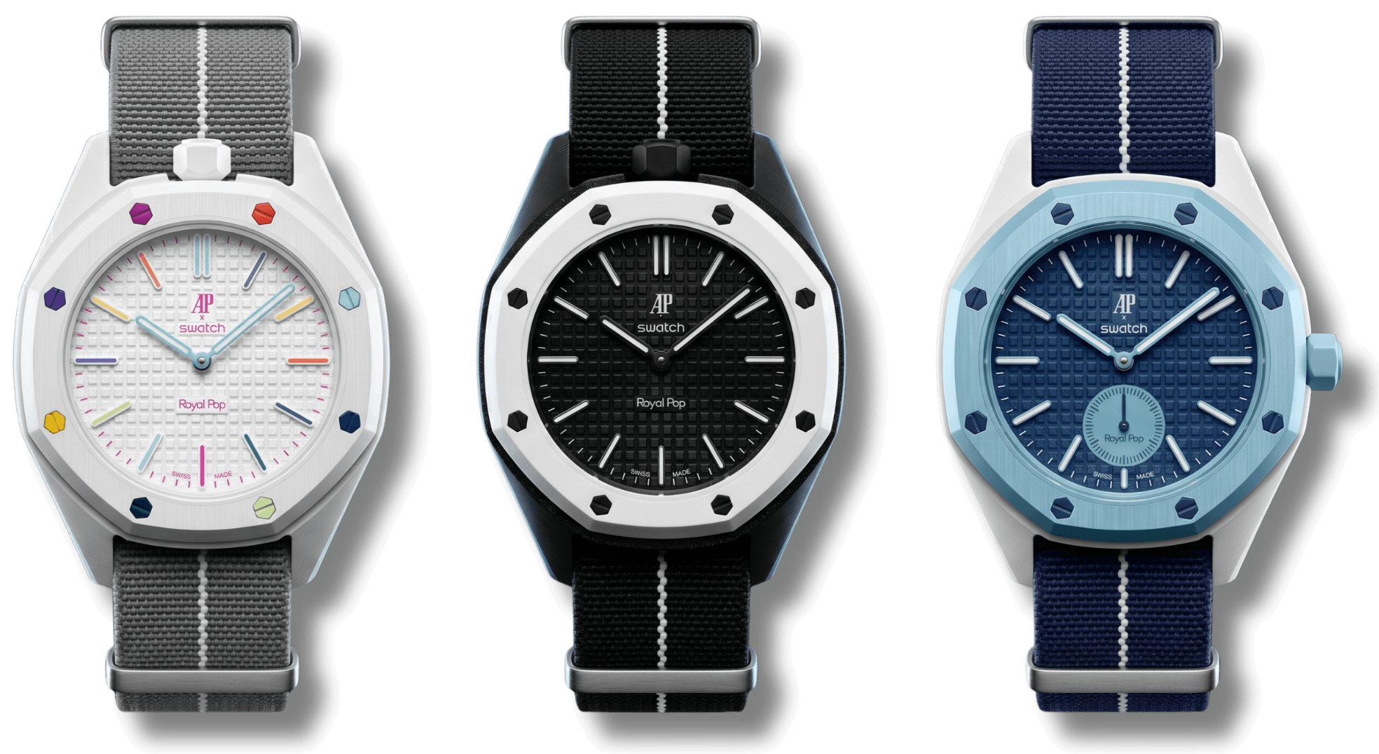 swatch-royal-pop-custom-elastic-nato-strap-mod-variations Three customized Swatch Royal Pop watches equipped with STRAPSNAP adapters and high-comfort elastic NATO straps in curated colorways.