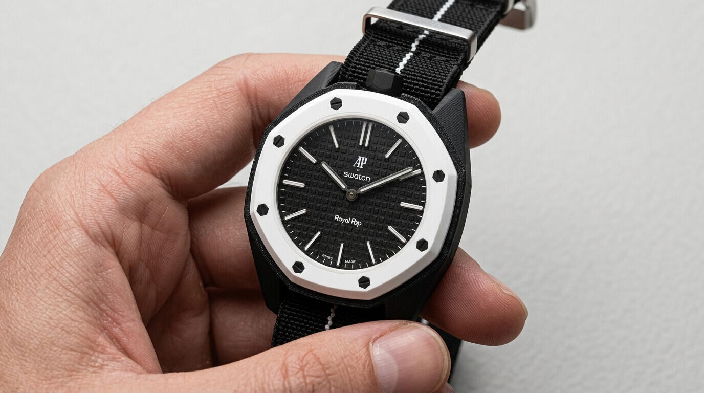 royal-pop-watch-adapter-custom-strap-mod Custom STRAPSNAP adapter and elastic NATO strap installed on a Royal Pop watch module, featuring professional-grade 3D printed geometry.