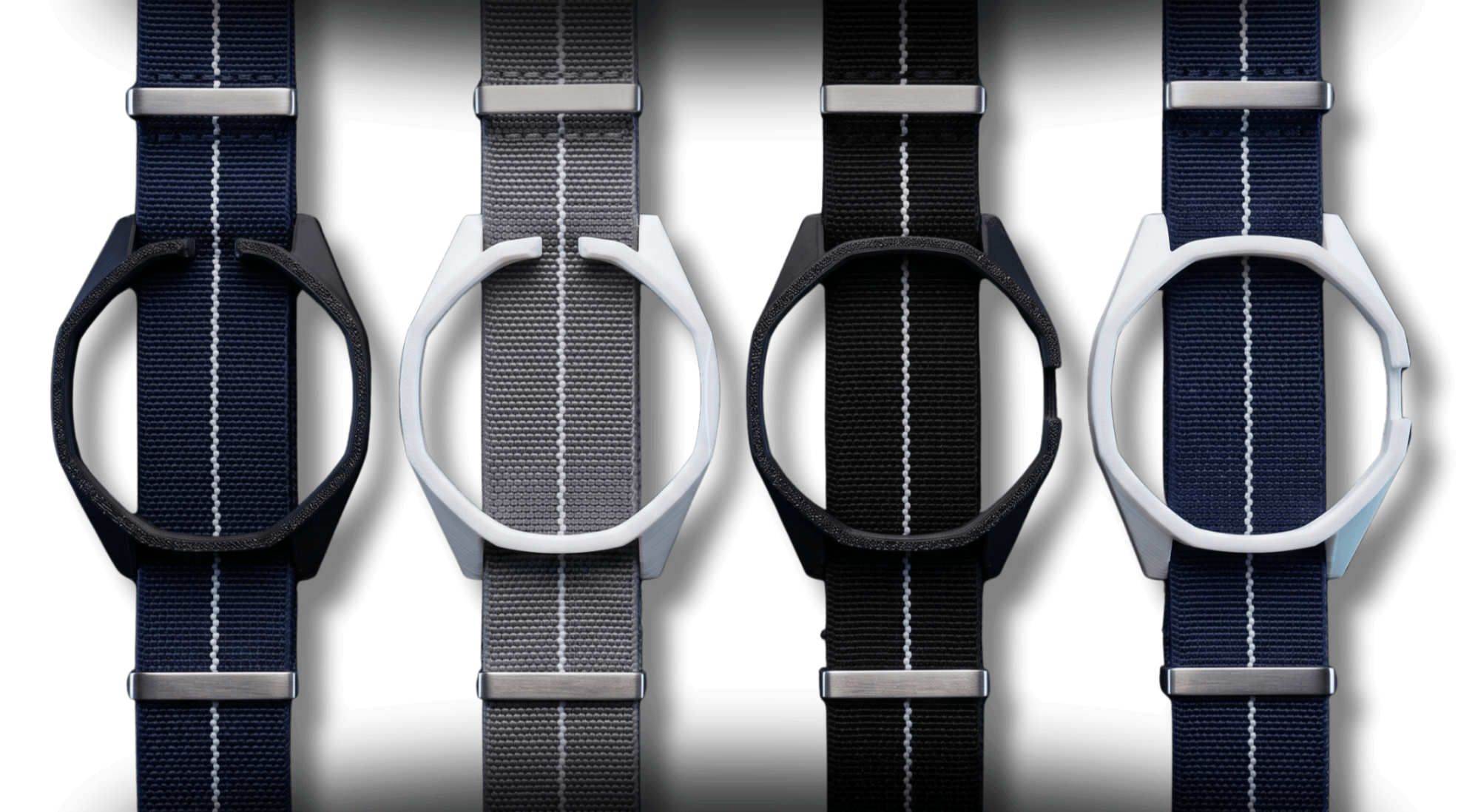 strapsnap-model-3-model-12-black-white-adapter-matrix Product grid showcasing STRAPSNAP Model 3 and Model 12 adapters in Stealth Black and Alpine White PLA paired with three elastic NATO strap options.